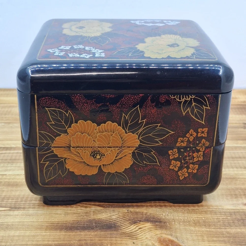 Floral Black Lacquered Jewelry Box 2 Tier With Lid Made in Taiwan VTG‎ Interpur